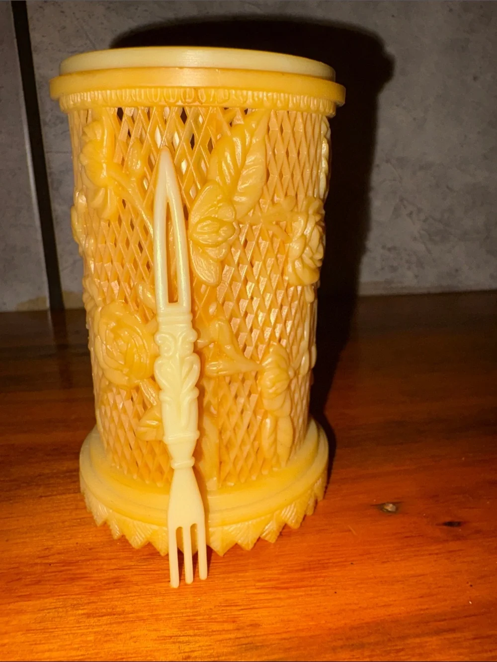 1960s MCM Lattice/ Floral Carved Resin Lidded Jar with 32 Tiny Forks Inside